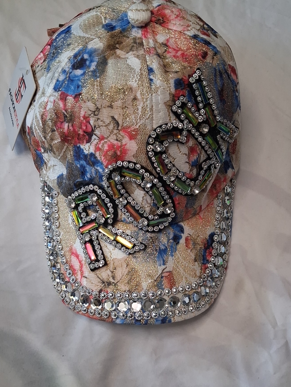 Embellished Floral Rhinestone 'ROCK" Baseball Cap - Blue Pink Tan